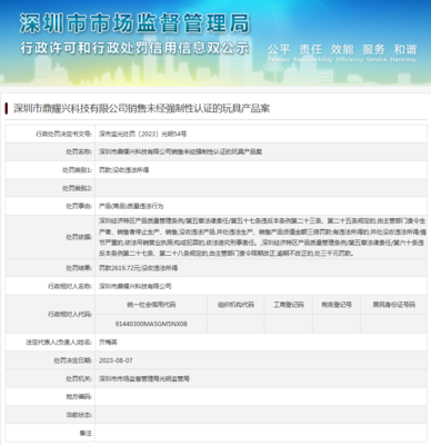 深圳市鼎耀兴科技销售未经强制性认证的玩具产品案